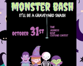 May include: A black and purple Halloween party invitation with the text "We're having a Monster Bash, It'll be a graveyard smash, October 31st, Time, Address, RSVP, Costume Contest". The invitation features a cartoon illustration of a vampire, witch, skeleton, and monster.