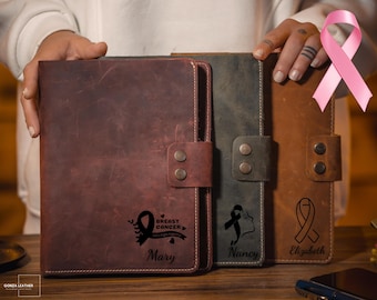 Never Give Up Breast Cancer Awareness, Gift for Cancer Warrior, Personalized Leather Notebook Cover