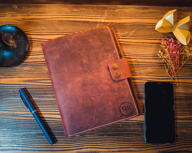 Personalized Leather Business Briefcase, A5 Notepad Holder, Custom