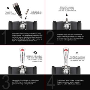 May include: A four-step instructional graphic for installing a Stella Artois beer tap handle. The steps show removing the handle, inserting the adaptor, screwing on the handle, and tightening the locking ring to secure the branded tap handle.