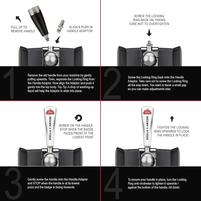 May include: A four-step instructional graphic for installing a Stella Artois beer tap handle. The steps show removing the handle, inserting the adaptor, screwing on the handle, and tightening the locking ring to secure the branded tap handle.
