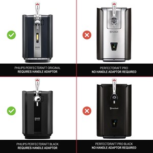 May include: A comparison chart of four beer dispensers. The Philips PerfectDraft Original and Black models require a handle adaptor. The PerfectDraft Pro and Pro Black models do not require a handle adaptor. Each unit features a tap handle and display.
