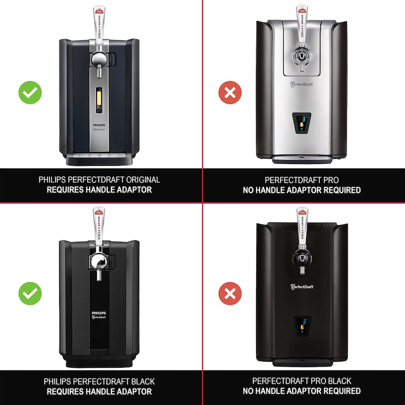 May include: A comparison chart of four beer dispensers. The Philips PerfectDraft Original and Black models require a handle adaptor. The PerfectDraft Pro and Pro Black models do not require a handle adaptor. Each unit features a tap handle and display.
