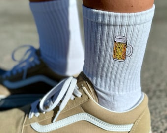 Socken bestickt | Maßkrug Bier Icon | für Sie und Ihn | Gr. 35-50 | Schwarz+weiß | Schönes Geschenk Freunde, JGA, Wiesn