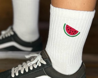 Socks icon embroidery watermelon | for him and her | size 35-50 | black + white | nice gift for friends | watermelon, food love and much more.