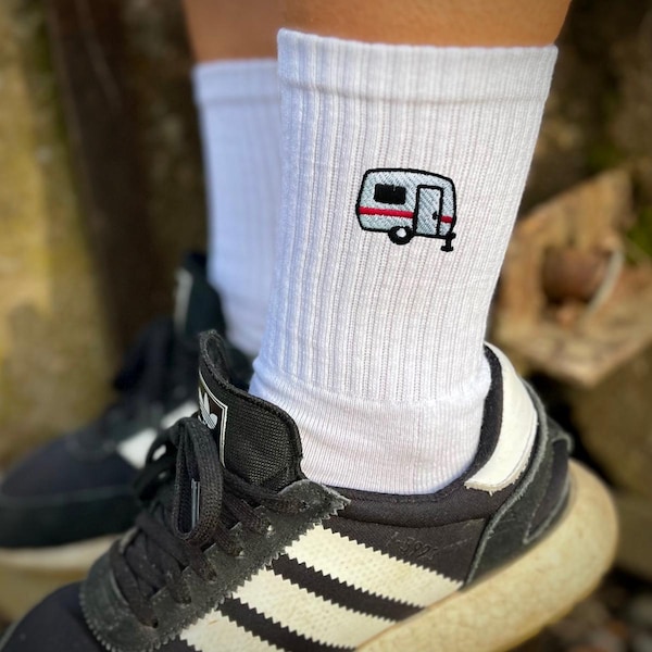 Embroidered socks | Caravan icon | for him and her | Size 35-50 | Cotton | Black & white | Funny gift for campers, holidays, camping