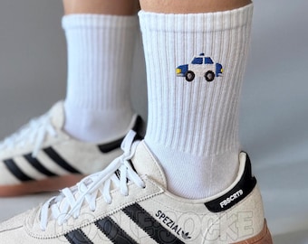 Socken bestickt | Polizei Auto Icon 136 | für Sie und Ihn | Gr. 35-50 | Baumwolle |  Schwarz & Weiß | Lustiges Geschenk Polizist, Polizistin