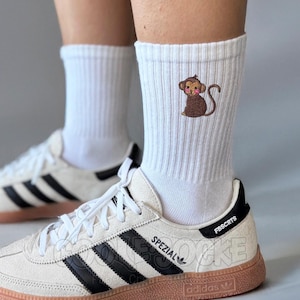 Socken bestickt | Affe Icon 108 | für Sie, Ihn, Kinder | Gr. 27-50 | Baumwolle | Schwarz & Weiß | Lustiges Geschenk Tierliebhaber, Zoo