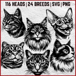 Cat Breeds SVG Bundle  24 Cat Faces, T-Shirt Designs (Instant Download)