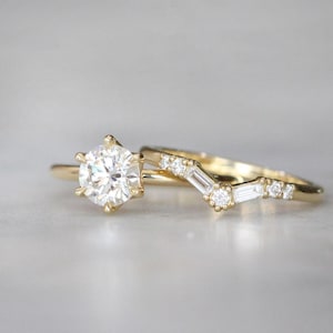 Moissanite Bridal Ring Set: 14K Yellow Gold Round Cut Engagement Ring
