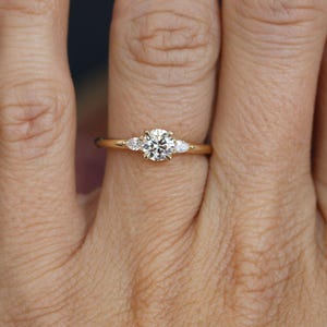 Three Stone Moissanite Ring: 14K Yellow Gold Anniversary Ring