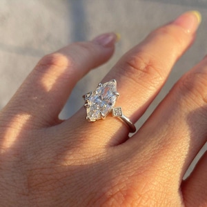 Marquise Cut Lab Diamond Engagement Ring: 14K White Gold Three Stone Ring