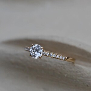 Dainty Diamond Engagement Ring, Round Cut Moissanite Ring, 14K Yellow Gold Wedding Ring, Anniversary Promise Gift for Her, Personalized Ring