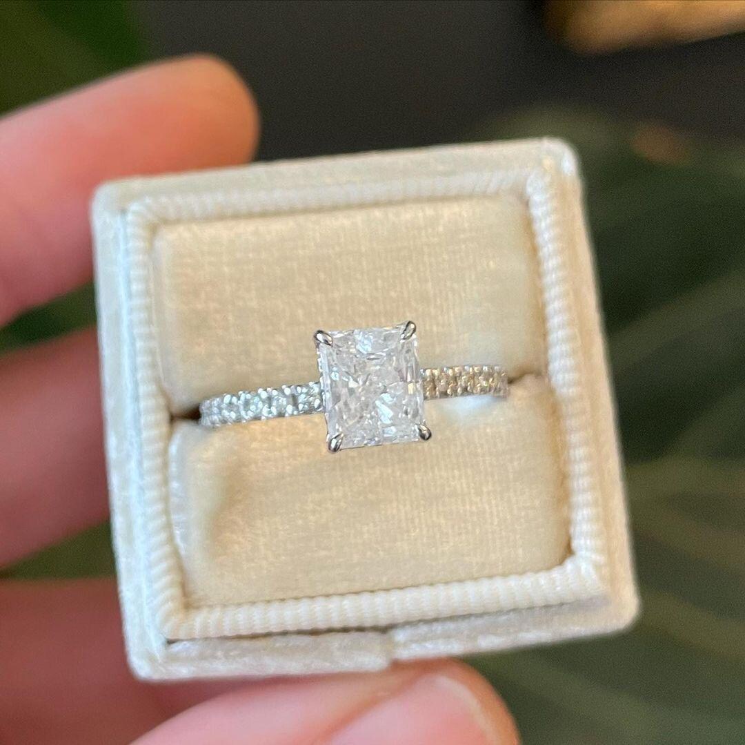 Radiant Cut Moissanite Engagement Ring: 14K White Gold Hidden Halo - Etsy