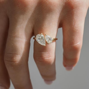 Two Stone Moissanite Ring, Toi Et Moi Engagement Ring, Pear Diamond Ring, 14K Yellow Gold Wedding Ring, Anniversary Gifts, Personalized Ring