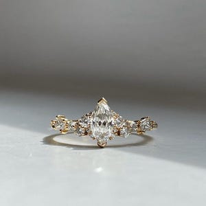 Marquise Cut Moissanite Ring, Vintage Style Diamond Ring, 14K Yellow Gold Engagement Ring, Art Deco Gold Ring, Anniversary Gift for Wife