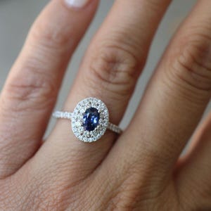 Oval Sapphire Engagement Ring, Halo Diamond Ring, Blue Sapphire Gemstone Ring, 14K White Gold Anniversary Ring, Birthstone Ring for Women