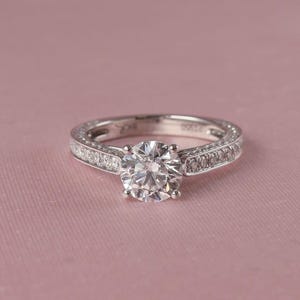 Classic Diamond Engagement Ring, Round Moissanite Ring, 14K White Gold Pave Wedding Ring, Anniversary Ring for Women, Personalized Gift