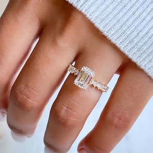 Emerald Cut Moissanite Engagement Ring: 14K Yellow Gold Anniversary Ring