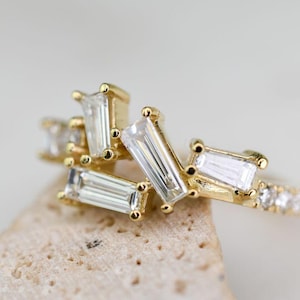 Vintage Moissanite Wedding Band: Baguette & Round Cut, Sterling Silver or Gold