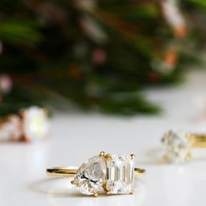 Toi Et Moi Moissanite Ring: Pear & Emerald Cut, 14K Gold