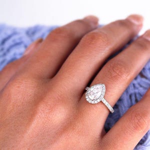 Halo Moissanite Engagement Ring, Pear Diamond Wedding Ring, 14K White Gold Anniversary Ring, Personalized Gift, Teardrop Gold Promise Ring