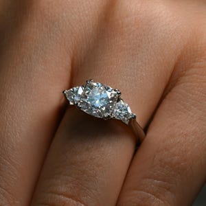 Three Stone Engagement Ring, Cushion Diamond Ring, Trillion Moissanite Ring, Wedding Gift, Personalized Ring, Anniversary Ring, Gift for Her