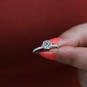 Dainty Diamond Ring, Round Moissanite Ring, 14K White Gold Engagement Ring, Anniversary Gift for Her, Pave Promise Ring, Personalized Gift