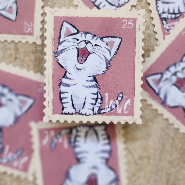 Cute Kitten Stamp Sticker / Waterproof Cat Parent Gift / Laptop Waterbottle Scrapbook Cup Decal / Antiqued Pet Sticker