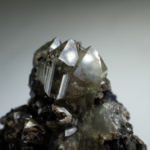 Puede incluir: Un grupo de cristales de cuarzo transparentes y facetados sobre una matriz gris oscura. Los cristales son afilados y bien definidos, con un brillo vítreo.