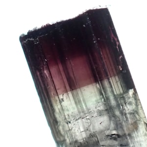 May include: A close-up of a dark purple, green, and white tourmaline crystal with striations. The crystal is translucent and has a natural, rough texture.