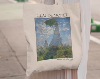 Claude Monet Tote Bag, Frau mit Sonnenschirm, Vintage Kunst Poster, Niedliche Canvas Tasche, Tragetasche mit Reißverschluss