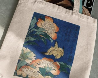 Japanese Ukiyo-e Tote Bag: Bird & Peony Floral Print Canvas Shopper