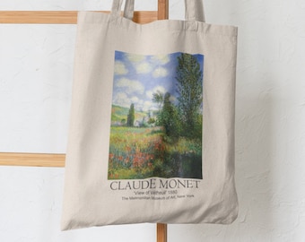 Claude Monet Aesthetic Tote Bag, View of Vetheuil 1880, Cute Tote Bag, Tote Bag with Zipper