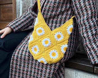 Bolso de margaritas de crochet: bolso cuadrado amarillo de abuela