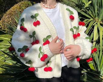 Cherry Cardigan, 3D Cherry Embroidered, Oversize Knit Cardigan, Christmas Gift for Her