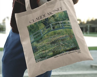 Waterlelies Monet Tote Bag, Claude Monet Japanse brugkunst, Tote Bag met rits, Tote Bag Esthetisch