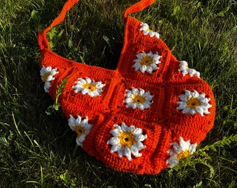 Daisy Orange Crochet Bag, Granny Square Purse Bag, Aesthetic Tote Bag, Flower Shoulder Bag, Christmas Gift