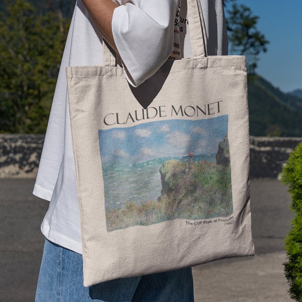 Claude Monet Sac fourre-tout The Cliff Walk, sac fourre-tout esthétique, tableau de Monet, sac fourre-tout avec fermeture éclair