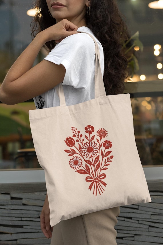 Red Floral Canvas Tote Bag: Hand-drawn Flower Print, Reusable Eco