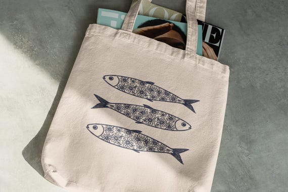 Sardine Tote Bag: Floral Fish Print, Coastal Canvas Eco Bag