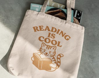 Cute Tote Bag with Cat Print, Aesthetic Canvas Bag, Book Lover Gift