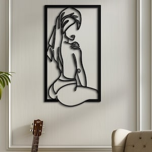 Minimalist Metal Wall Line Art, Female Portrait, Woman in Towel Line Art, Bathroom Art, Relax Decor,Metal Artwork, Home Wall Hangings