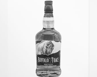 Grafika artystyczna Buffalo Trace Bourbon | Wystrój domowego baru | Sztuka na butelkach z alkoholem | Wystrój whisky | Sztuka w biurze