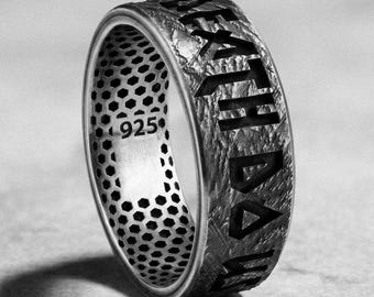 Mens Engagement Band Unique Gothic Male Promise Ring Oxidized Sterling Silver 925k Engraved Guy Ring