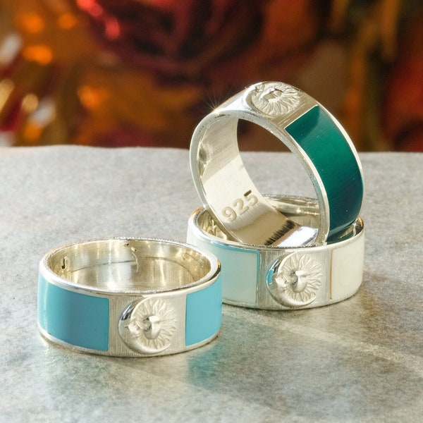 Enamel Sun Moon Ring For Women Dainty Celestial Band Handmade Sun Stacking Band Sterling Silver Women Ring Colorful Enamel Gift For Woman