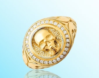 Gold Skull Signet Ring For Women 14k Solid Diamond Pinky Ring 14k Gold Stackable Dainty Ring Pinky Gold Minimalist Skull Ring For Women Gift