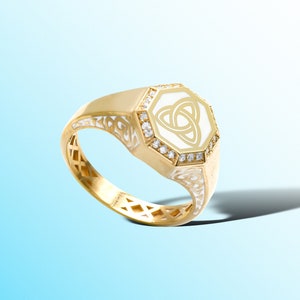 Womens Gold Signet Ring / 14k Celtic Rings For Woman - Solid Enamel Women Signet - 14k Gold Womens Celtic Ring