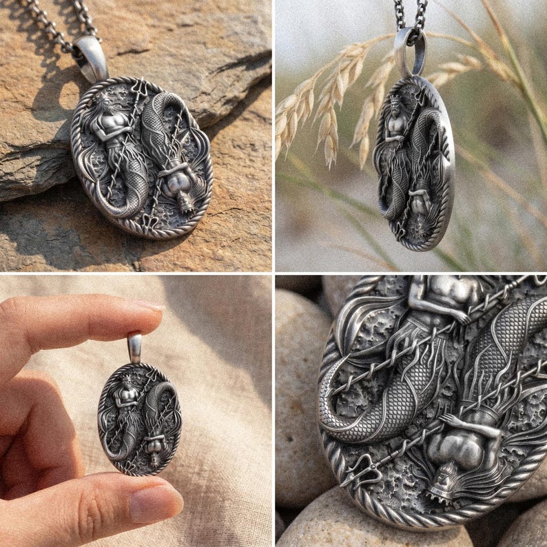 Silver Poseidon Necklace, Sterling Ancient Greek God Neptune Pendant Charm