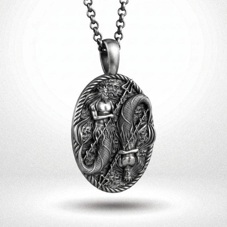Silver Poseidon Necklace, Sterling Ancient Greek God Neptune Pendant Charm